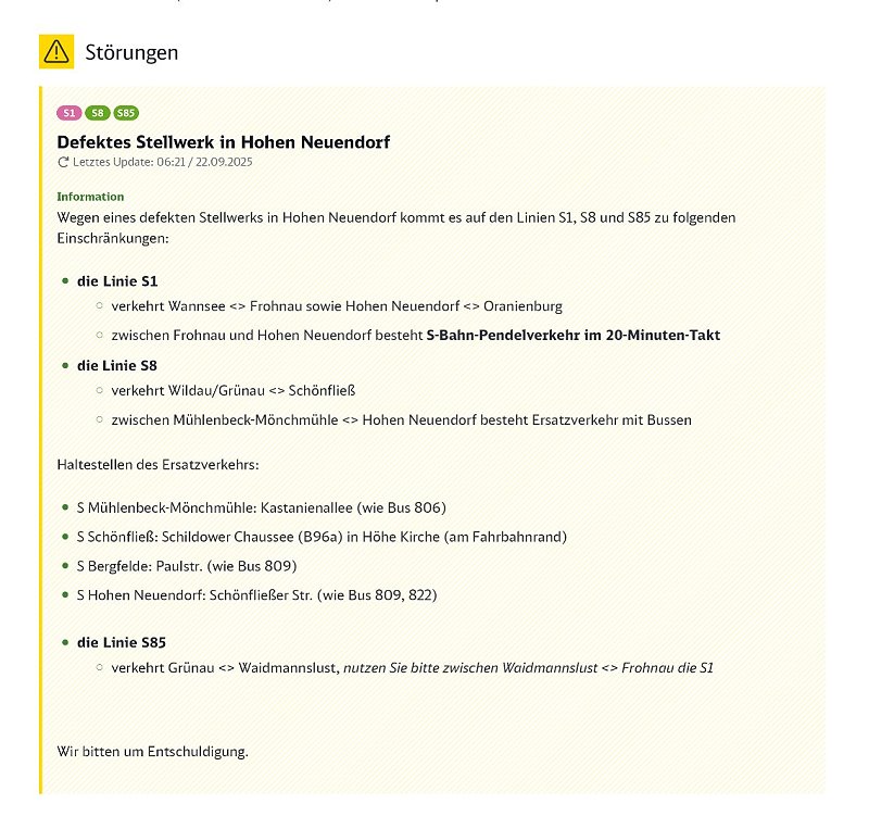 Meldungen auf der Homepage der S-Bahn Berlin GmbH (Screenshots) Meldungen auf der Homepage der S-Bahn Berlin GmbH (Screenshots)