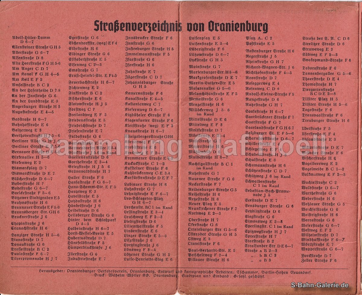 Straßenverzeichnis von Oranienburg vom 01.12.1938 - S-Bahn-Berlin Straßenverzeichnis von Oranienburg vom 01.12.1938 - S-Bahn-Berlin