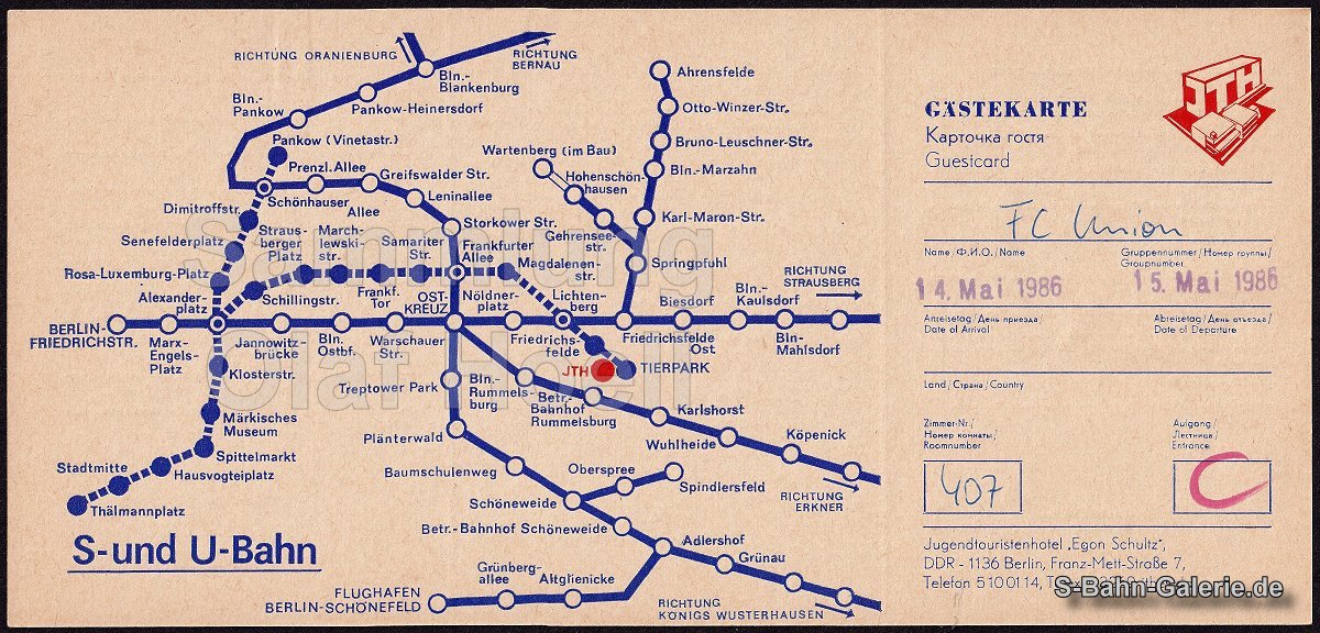 Gästekarte Jugendtouristenhotel vom 14.05.1986 mit Netzplan - S-Bahn-Galerie.de Gästekarte Jugendtouristenhotel vom 14.05.1986 mit Netzplan - S-Bahn-Galerie.de